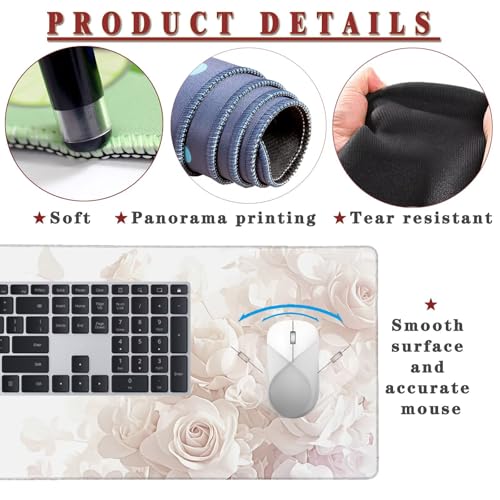 Mauspad XXL 1400x800x4mm Wasserdicht Schreibtischunterlage rutschfeste Speed Gaming Mousepad Rose (1) Groß Desk Mouse Mat Maus Pad, Schreibtisch Unterlage Deko für PC, MacBook, Laptop, Home Office Bild 4