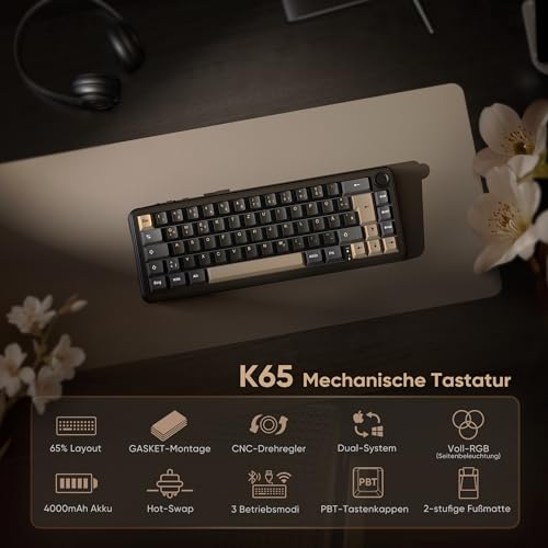 RedThunder K65 Kabellose Mechanische Gaming Tastatur, QWERTZ 67 Tasten, RGB, Fünfschichtige Polsterung Struktur, BT/USB-C/2,4GHz, Hot-swap, 4000 mAh, Gaming Tastatur für Windows, Mac, Xbox, PS4 PS5. Bild 2