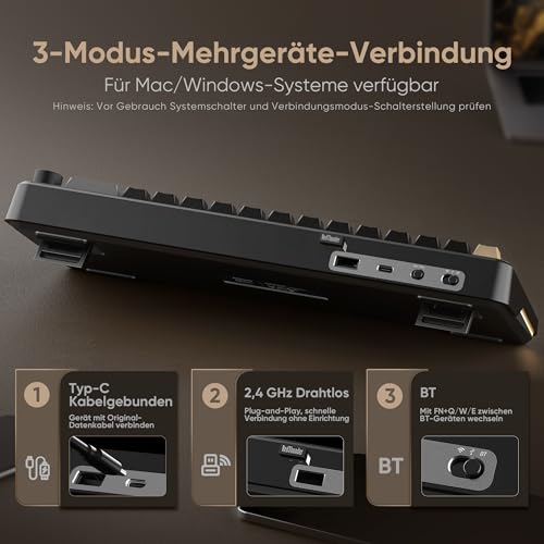 RedThunder K65 Kabellose Mechanische Gaming Tastatur, QWERTZ 67 Tasten, RGB, Fünfschichtige Polsterung Struktur, BT/USB-C/2,4GHz, Hot-swap, 4000 mAh, Gaming Tastatur für Windows, Mac, Xbox, PS4 PS5. Bild 3