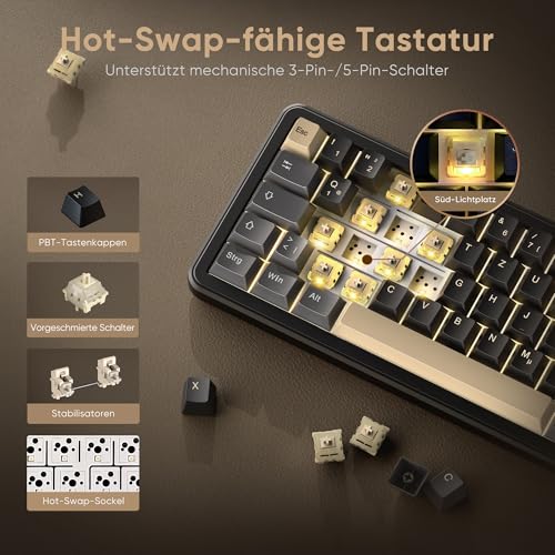 RedThunder K65 Kabellose Mechanische Gaming Tastatur, QWERTZ 67 Tasten, RGB, Fünfschichtige Polsterung Struktur, BT/USB-C/2,4GHz, Hot-swap, 4000 mAh, Gaming Tastatur für Windows, Mac, Xbox, PS4 PS5. Bild 6