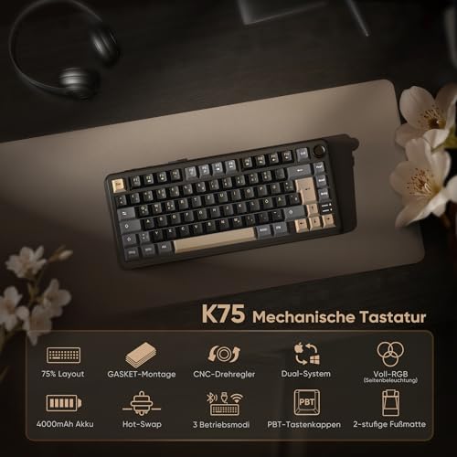 RedThunder K75 Kabellose Mechanische Gaming Tastatur, QWERTZ 81 Tasten, RGB, Fünfschichtige Polsterung Struktur, BT/USB-C/2,4GHz, Hot-swap, 4000 mAh, Gaming Tastatur für Windows, Mac, Xbox, PS4 PS5. Bild 2