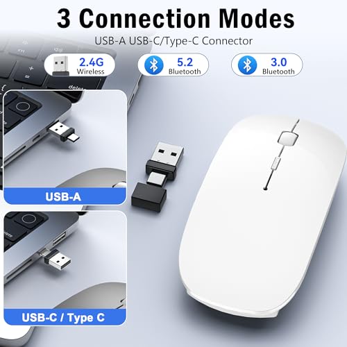 Kabellose Maus mit Jiggler-Modus – Bluetooth 5.2 & 2.4G Funk, für Laptop, PC, iOS, Android, iPad & Windows, 7-farbige LED & 1600 DPI optisch (Ohne RGB, Weiß) Bild 3