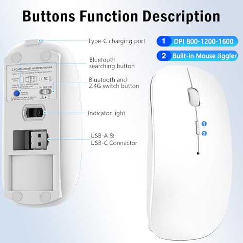 Kabellose Maus mit Jiggler-Modus – Bluetooth 5.2 & 2.4G Funk, für Laptop, PC, iOS, Android, iPad & Windows, 7-farbige LED & 1600 DPI optisch (Ohne RGB, Weiß) Bild 4