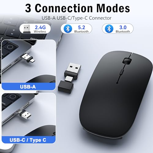 Kabellose Maus mit Jiggler-Modus – Bluetooth 5.2 & 2.4G Funk, für Laptop, PC, iOS, Android, iPad & Windows, 7-farbige LED & 1600 DPI optisch (Ohne RGB, Schwarz) Bild 3