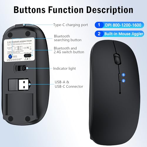 Kabellose Maus mit Jiggler-Modus – Bluetooth 5.2 & 2.4G Funk, für Laptop, PC, iOS, Android, iPad & Windows, 7-farbige LED & 1600 DPI optisch (Ohne RGB, Schwarz) Bild 4
