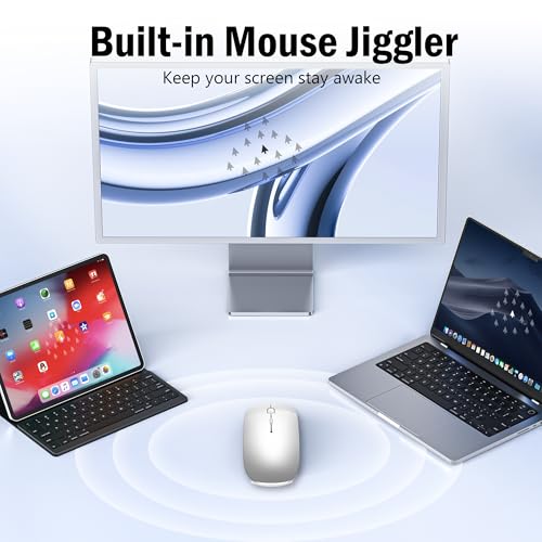 Kabellose Maus mit Jiggler-Modus – Bluetooth 5.2 & 2.4G Funk, für Laptop, PC, iOS, Android, iPad & Windows, 7-farbige LED & 1600 DPI optisch (Ohne RGB, Silbern) Bild 2