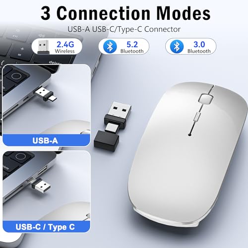 Kabellose Maus mit Jiggler-Modus – Bluetooth 5.2 & 2.4G Funk, für Laptop, PC, iOS, Android, iPad & Windows, 7-farbige LED & 1600 DPI optisch (Ohne RGB, Silbern) Bild 3