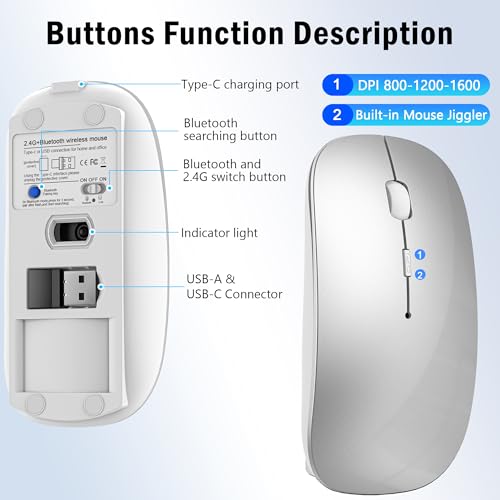 Kabellose Maus mit Jiggler-Modus – Bluetooth 5.2 & 2.4G Funk, für Laptop, PC, iOS, Android, iPad & Windows, 7-farbige LED & 1600 DPI optisch (Ohne RGB, Silbern) Bild 4