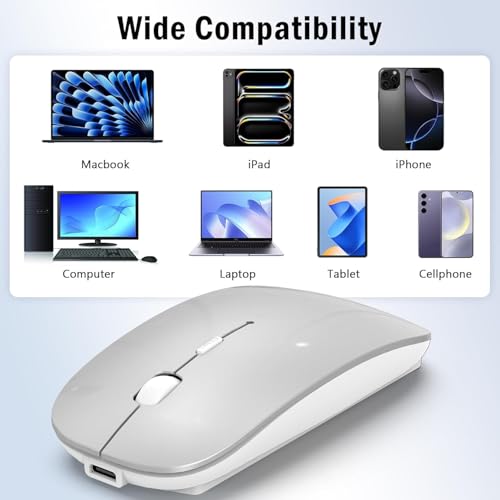 Kabellose Maus mit Jiggler-Modus – Bluetooth 5.2 & 2.4G Funk, für Laptop, PC, iOS, Android, iPad & Windows, 7-farbige LED & 1600 DPI optisch (Ohne RGB, Silbern) Bild 6