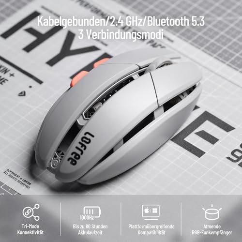 LOFREE Hypace Ultra-Leichtgewichtige Gaming-Maus (47g), PAW3950 Sensor, 40K DPI, 8K Polling Rate, Magnesium-Legierung, Tri-Modus (Bluetooth/2.4GHz/Kabel), 100h Akku für PC/Mac (Transparent) Bild 7