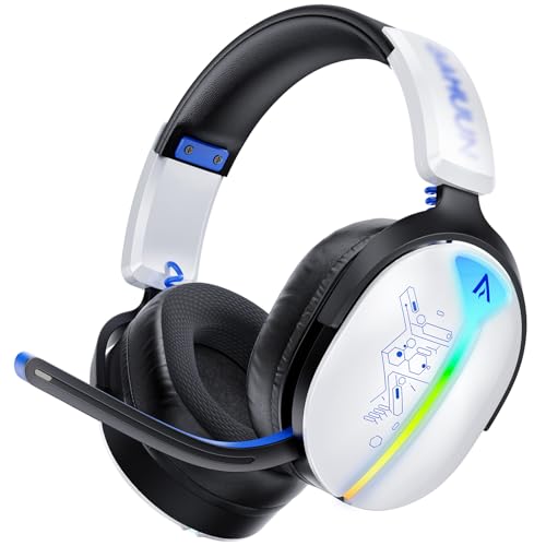 Gaming Headset Wireless, Headset mit Mikrofon für ps5 ps4, PC, Switch, Bluetooth 5.3, 7.1 Surround Sound, Extrem niedrige Latenz(<25ms), 40 Stunden, RGB Lichter, Weiß Bild 1