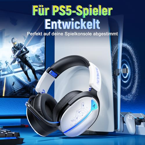 Gaming Headset Wireless, Headset mit Mikrofon für ps5 ps4, PC, Switch, Bluetooth 5.3, 7.1 Surround Sound, Extrem niedrige Latenz(<25ms), 40 Stunden, RGB Lichter, Weiß Bild 2