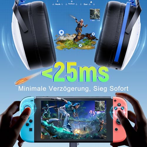 Gaming Headset Wireless, Headset mit Mikrofon für ps5 ps4, PC, Switch, Bluetooth 5.3, 7.1 Surround Sound, Extrem niedrige Latenz(<25ms), 40 Stunden, RGB Lichter, Weiß Bild 4