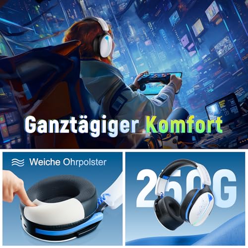 Gaming Headset Wireless, Headset mit Mikrofon für ps5 ps4, PC, Switch, Bluetooth 5.3, 7.1 Surround Sound, Extrem niedrige Latenz(<25ms), 40 Stunden, RGB Lichter, Weiß Bild 5