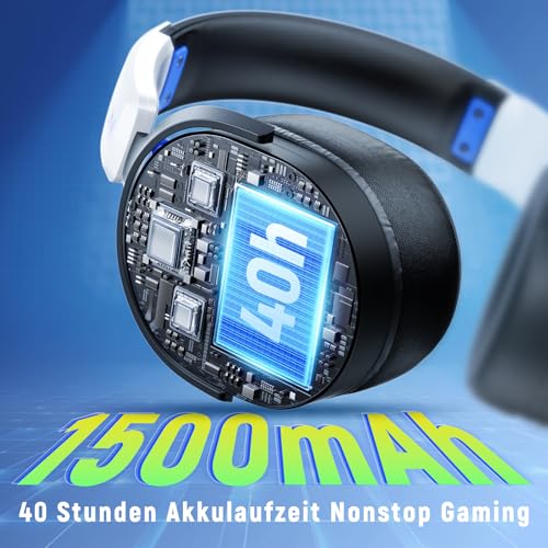 Gaming Headset Wireless, Headset mit Mikrofon für ps5 ps4, PC, Switch, Bluetooth 5.3, 7.1 Surround Sound, Extrem niedrige Latenz(<25ms), 40 Stunden, RGB Lichter, Weiß Bild 6
