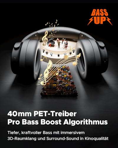 truefree HF-10 Over-Ear Bluetooth Kopfhörer mit 40mm Treiber, ANC -45dB, Raumklang, 125h Akku, AI Mikrofon, App, Gaming Modus, faltbar, USB-C, AUX, Headset mit Transparenzmodus Bild 3