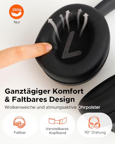truefree HF-10 Over-Ear Bluetooth Kopfhörer mit 40mm Treiber, ANC -45dB, Raumklang, 125h Akku, AI Mikrofon, App, Gaming Modus, faltbar, USB-C, AUX, Headset mit Transparenzmodus Bild 4