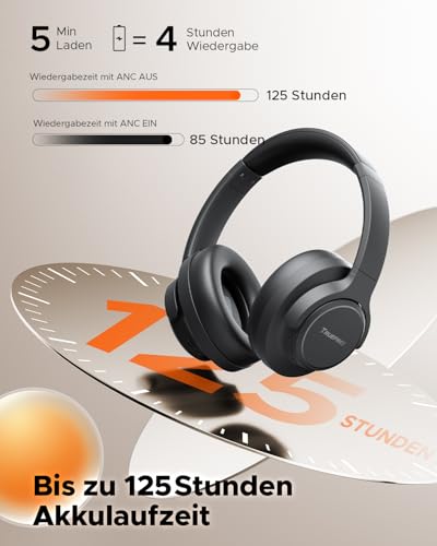 truefree HF-10 Over-Ear Bluetooth Kopfhörer mit 40mm Treiber, ANC -45dB, Raumklang, 125h Akku, AI Mikrofon, App, Gaming Modus, faltbar, USB-C, AUX, Headset mit Transparenzmodus Bild 5