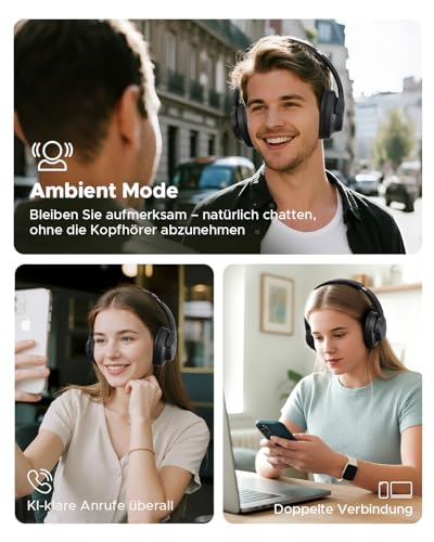 truefree HF-10 Over-Ear Bluetooth Kopfhörer mit 40mm Treiber, ANC -45dB, Raumklang, 125h Akku, AI Mikrofon, App, Gaming Modus, faltbar, USB-C, AUX, Headset mit Transparenzmodus Bild 6