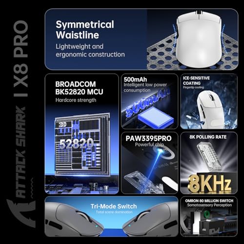 ATTACK SHARK X8PPO 8K Mouse for Large Hand, 55g Superlight, PixArt PAW3395PRO Gaming Sensor, BT/2.4G Wireless/Wired, 6 Adjustable DPI up to 40000, 500mAh Battery (White) Bild 4
