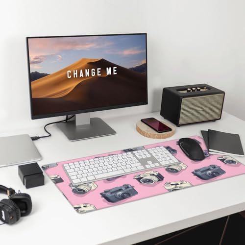 Großes Gaming-Mauspad, Retro-Kamera, rosa Druck, Schreibtisch-Tastatur-Pad, rutschfeste Schreibtischunterlage für Desktop-Tastatur und Maus, Mauspad für Büro, Heimzubehör, 40,6 x 74,5 cm Bild 3