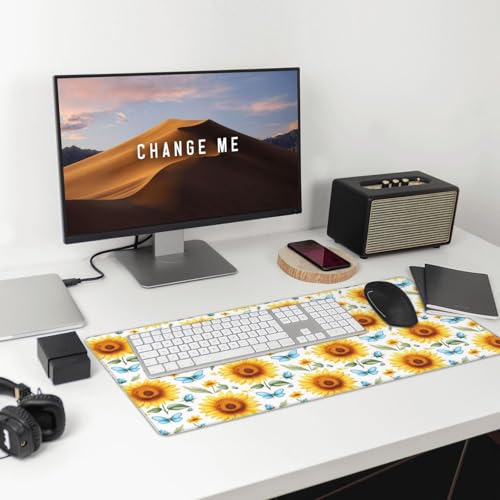 Großes Gaming-Mauspad, Sonnenblumen-Blau, Schmetterlings-Druck, Schreibtisch-Tastatur-Pad, rutschfeste Schreibtischunterlage für Desktop-Tastatur und Maus, Mauspad für Büro, Heimzubehör, 40,6 x 74,5 Bild 3