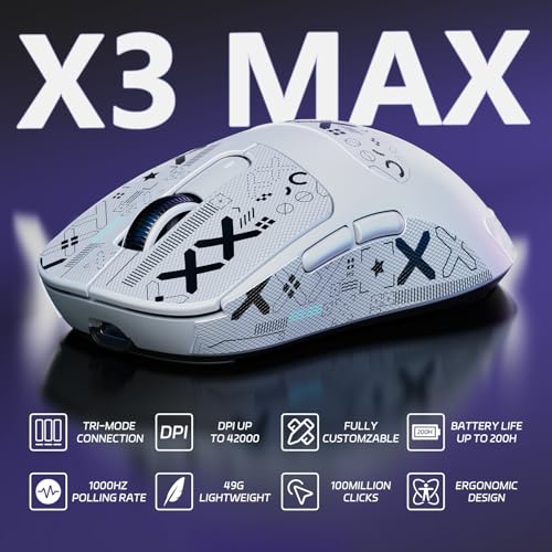 ATTACK SHARK X3MAX 49g Superlight Maus, PixArt PAW3950-Sensor, Bis zu 420000 DPI, 100M Klicks Optische Mikroschalter, BT/2,4G Kabellose/Kabelgebundene Gaming-Maus mit Spiralkabel, für PC/Xbox/PS5/Mac Bild 2