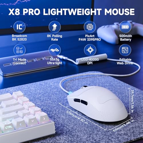 ATTACK SHARK X8PRO 55g ultraleichte Kabellose Gaming-Maus mit Spiralkabel & Griffband, Mittelgroße/Große Hände, 8K-Polling Rate, 2,4 G/Wied/BT, 500 mAh, 40K DPI, Optischer Sensor PAW3395 - Weiß Bild 2