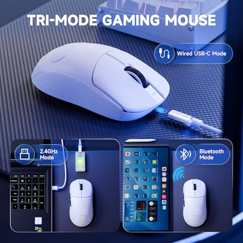 ATTACK SHARK X8PRO 55g ultraleichte Kabellose Gaming-Maus mit Spiralkabel & Griffband, Mittelgroße/Große Hände, 8K-Polling Rate, 2,4 G/Wied/BT, 500 mAh, 40K DPI, Optischer Sensor PAW3395 - Weiß Bild 3