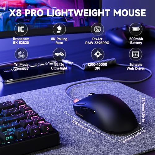 ATTACK SHARK X8PRO 55g ultraleichte Kabellose Gaming-Maus mit Spiralkabel, Mittelgroße/Große Hände, 8K-Polling Rate, Tri-Mode 2,4 G/Wied/BT, 500 mAh, 40.000DPI, Optischer Sensor PAW3395 -Schwarz Bild 2