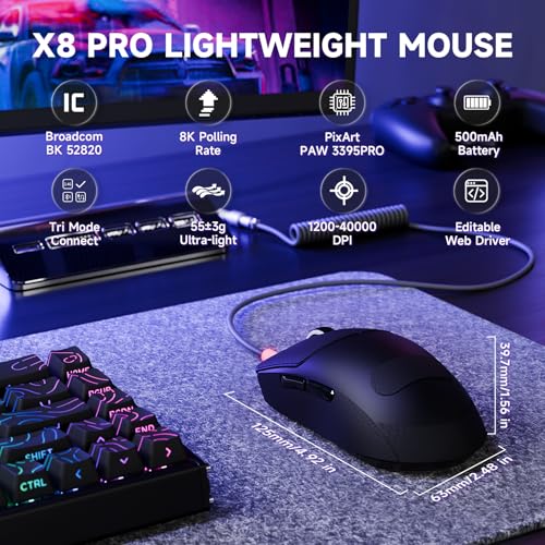 ATTACK SHARK X8PRO 55g ultraleichte Kabellose Gaming-Maus mit Spiralkabel & Griffband, Mittelgroße/Große Hände, 8K-Polling Rate, 2,4 G/Wied/BT, 500 mAh, 40K DPI, Optischer Sensor PAW3395 - Schwarz Bild 2