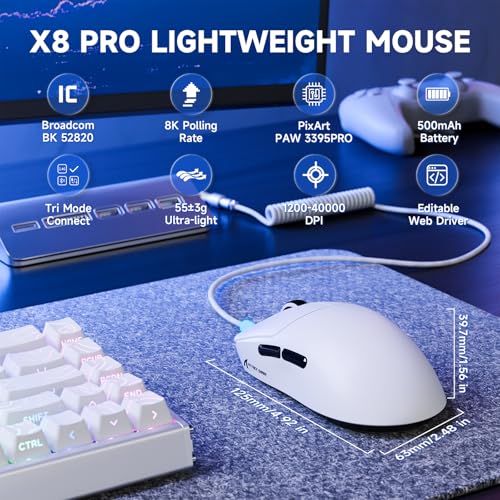 ATTACK SHARK X8PRO 55g ultraleichte Kabellose Gaming-Maus mit Spiralkabel, Mittelgroße/Große Hände, 8K-Polling Rate, Tri-Mode 2,4 G/Wied/BT, 500 mAh, 40.000DPI, Optischer Sensor PAW3395 - Weiß Bild 2