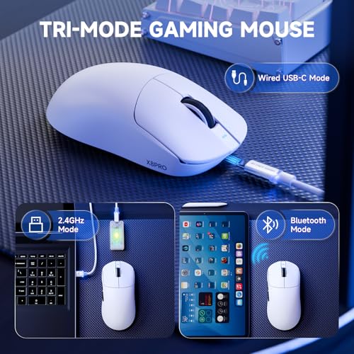 ATTACK SHARK X8PRO 55g ultraleichte Kabellose Gaming-Maus mit Spiralkabel, Mittelgroße/Große Hände, 8K-Polling Rate, Tri-Mode 2,4 G/Wied/BT, 500 mAh, 40.000DPI, Optischer Sensor PAW3395 - Weiß Bild 3