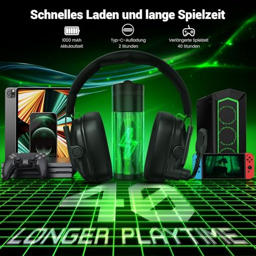 Krysenix KGH2 Wireless Gaming Headset für PS4, PS5, PC, Mac, Switch, 2.4GHz Gaming Headset mit Mikrofon, Faltbares Noise Cancelling Kabelloses Headset mit LED-Lichtern, 40H Akkulaufzeit, Rußschwarz Bild 4