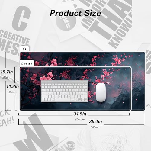 Cherry Blossom Gaming-Mauspad, erweitert, große Schreibtischunterlage, rosa Blume, Mauspad mit rutschfester Unterseite und genähten Kanten, für Arbeit, Gaming, Büro, 30 x 80 cm Bild 2