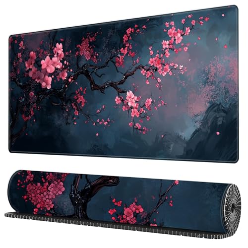 Cherry Blossom Gaming-Mauspad, erweitert, große Schreibtischunterlage, rosa Blume, Mauspad mit rutschfester Unterseite und genähten Kanten, für Arbeit, Gaming, Büro, 30 x 80 cm Bild 3