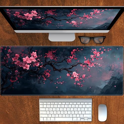 Cherry Blossom Gaming-Mauspad, erweitert, große Schreibtischunterlage, rosa Blume, Mauspad mit rutschfester Unterseite und genähten Kanten, für Arbeit, Gaming, Büro, 30 x 80 cm Bild 6