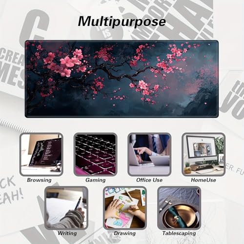 Cherry Blossom Gaming-Mauspad, erweitert, große Schreibtischunterlage, rosa Blume, Mauspad mit rutschfester Unterseite und genähten Kanten, für Arbeit, Gaming, Büro, 30 x 80 cm Bild 7