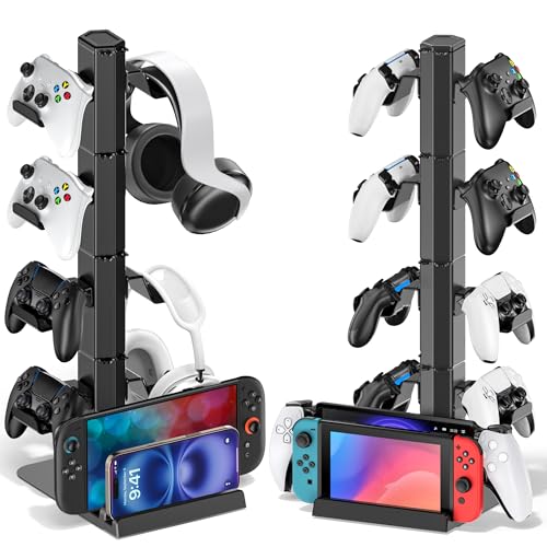 Gaming Deko Headset Halterung & Controller Halter, 4 Ebene Kopfhörer Halter mit Abnehmbarer Haken und Kabel Organisator für Fernbedienungen, Controller Ständer Aufbewahrung für PS5/Xbox/Switch Bild 1