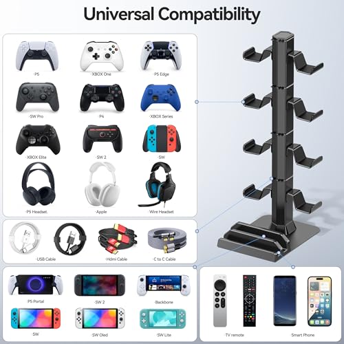 Gaming Deko Headset Halterung & Controller Halter, 4 Ebene Kopfhörer Halter mit Abnehmbarer Haken und Kabel Organisator für Fernbedienungen, Controller Ständer Aufbewahrung für PS5/Xbox/Switch Bild 2