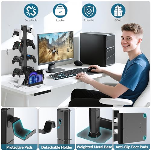 Gaming Deko Headset Halterung & Controller Halter, 4 Ebene Kopfhörer Halter mit Abnehmbarer Haken und Kabel Organisator für Fernbedienungen, Controller Ständer Aufbewahrung für PS5/Xbox/Switch Bild 4