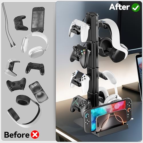Gaming Deko Headset Halterung & Controller Halter, 4 Ebene Kopfhörer Halter mit Abnehmbarer Haken und Kabel Organisator für Fernbedienungen, Controller Ständer Aufbewahrung für PS5/Xbox/Switch Bild 6