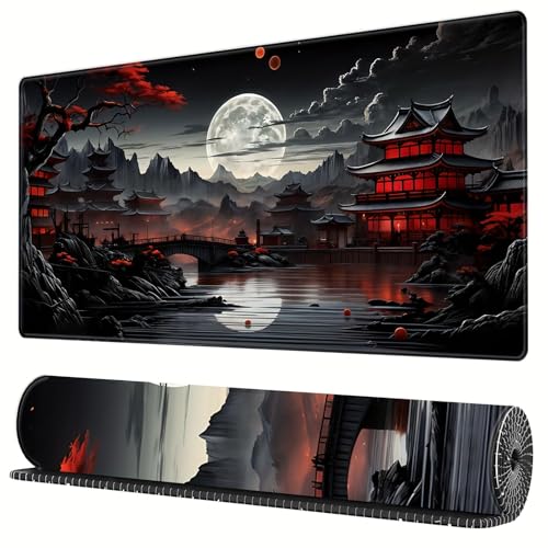 Japanische Schreibtischunterlage, Vollmond-Schreibtischunterlage, Schwarz/Rot, großes Mauspad, Gaming-Mauspad, erweiterter Laptop, Computer, Maus, Tastaturmatte, 30 x 80 cm Bild 1