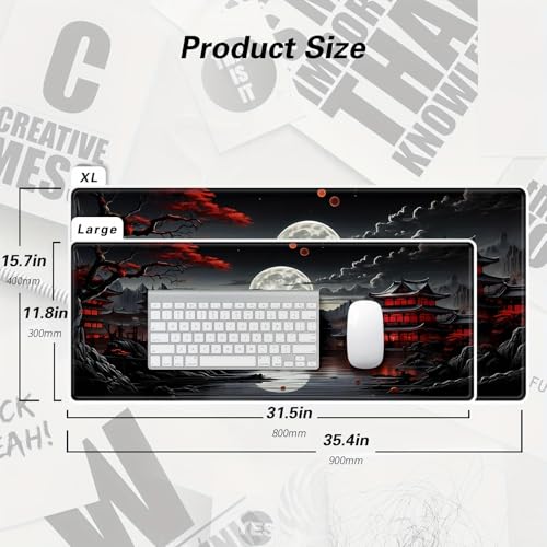 Japanische Schreibtischunterlage, Vollmond-Schreibtischunterlage, Schwarz/Rot, großes Mauspad, Gaming-Mauspad, erweiterter Laptop, Computer, Maus, Tastaturmatte, 30 x 80 cm Bild 2