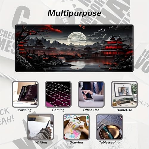 Japanische Schreibtischunterlage, Vollmond-Schreibtischunterlage, Schwarz/Rot, großes Mauspad, Gaming-Mauspad, erweiterter Laptop, Computer, Maus, Tastaturmatte, 30 x 80 cm Bild 4