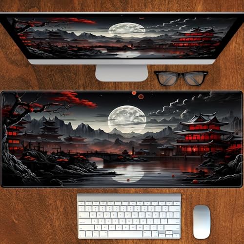 Japanische Schreibtischunterlage, Vollmond-Schreibtischunterlage, Schwarz/Rot, großes Mauspad, Gaming-Mauspad, erweiterter Laptop, Computer, Maus, Tastaturmatte, 30 x 80 cm Bild 6