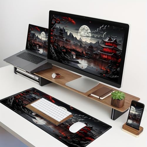 Japanische Schreibtischunterlage, Vollmond-Schreibtischunterlage, Schwarz/Rot, großes Mauspad, Gaming-Mauspad, erweiterter Laptop, Computer, Maus, Tastaturmatte, 30 x 80 cm Bild 7