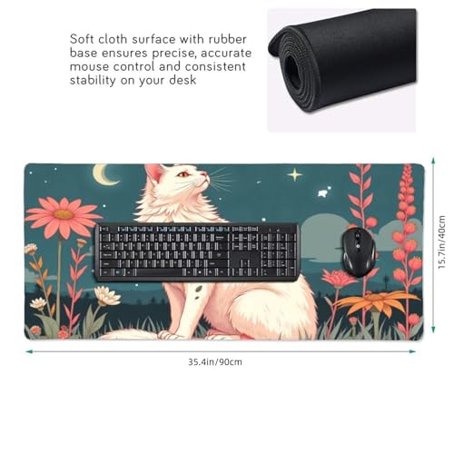 Großes Gaming-Mauspad, elegantes weißes Katzendruck, Schreibtisch-Tastatur-Pad, rutschfeste Schreibtischunterlage für Desktop-Tastatur und Maus, Mauspad für Büro, Heimzubehör, 40,6 x 80,9 cm Bild 2