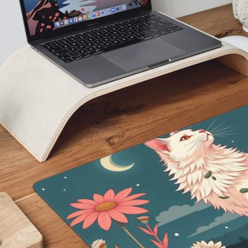 Großes Gaming-Mauspad, elegantes weißes Katzendruck, Schreibtisch-Tastatur-Pad, rutschfeste Schreibtischunterlage für Desktop-Tastatur und Maus, Mauspad für Büro, Heimzubehör, 40,6 x 80,9 cm Bild 3
