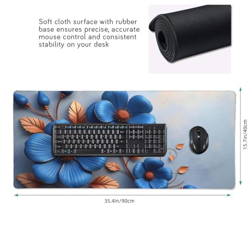 Großes Gaming-Mauspad, eleganter blauer Blumendruck, Schreibtisch-Tastatur-Pad, rutschfeste Schreibtischunterlage für Desktop-Tastatur und Maus, Mauspad für Büro, Heimzubehör, 40,6 x 80,9 cm Bild 2